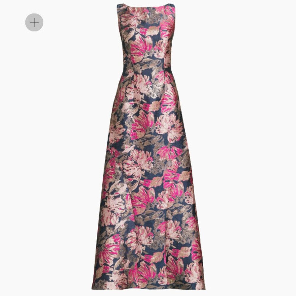 Kay Unger Navy and Pink Floral Brocade Gown